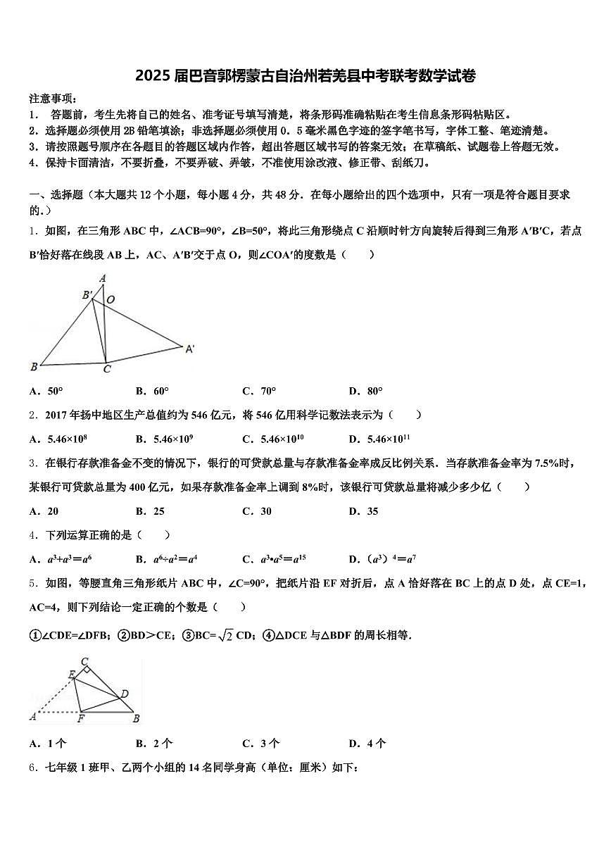 2025届巴音郭楞蒙古自治州若羌县中考联考数学试卷含解析第1页