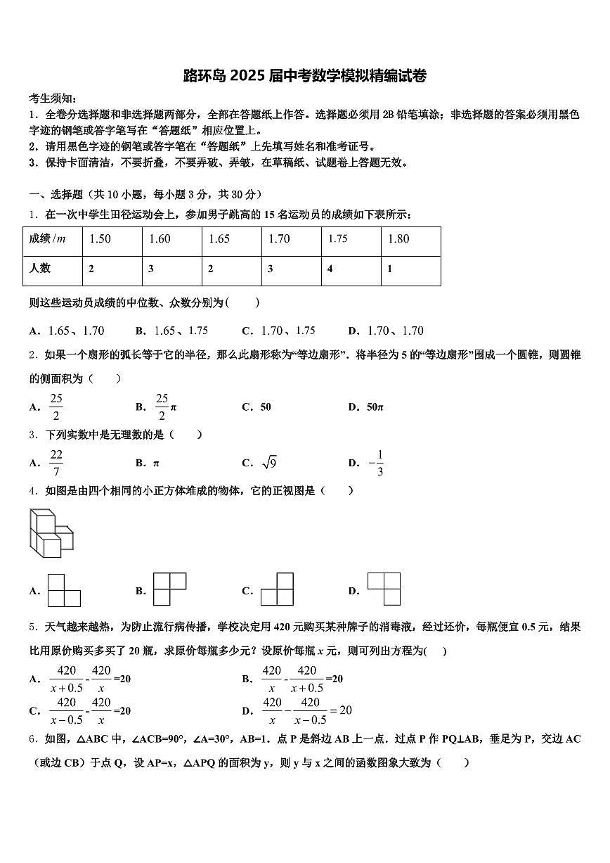 路环岛2025届中考数学模拟精编试卷含解析第1页