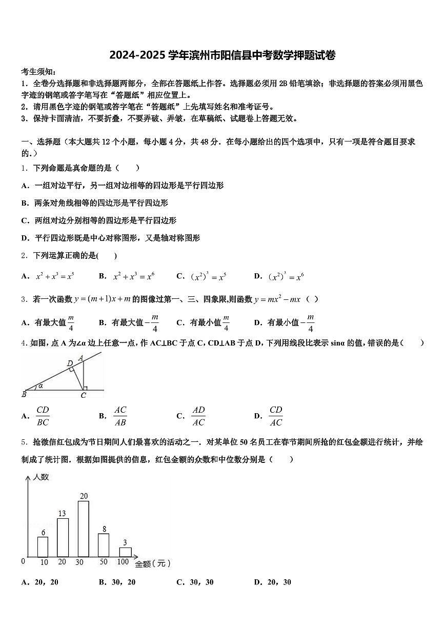 2024-2025学年滨州市阳信县中考数学押题试卷含解析第1页