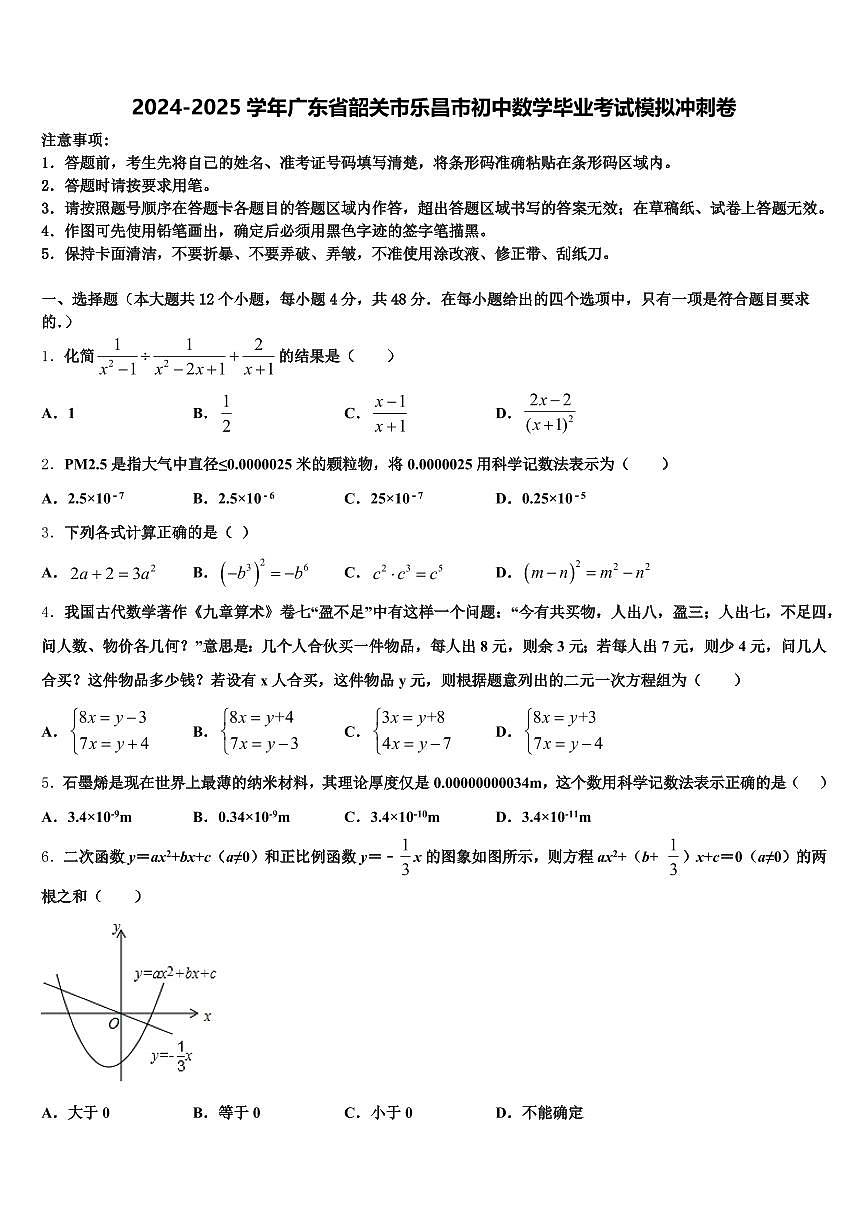 2024-2025学年广东省韶关市乐昌市初中数学毕业考试模拟冲刺卷含解析第1页