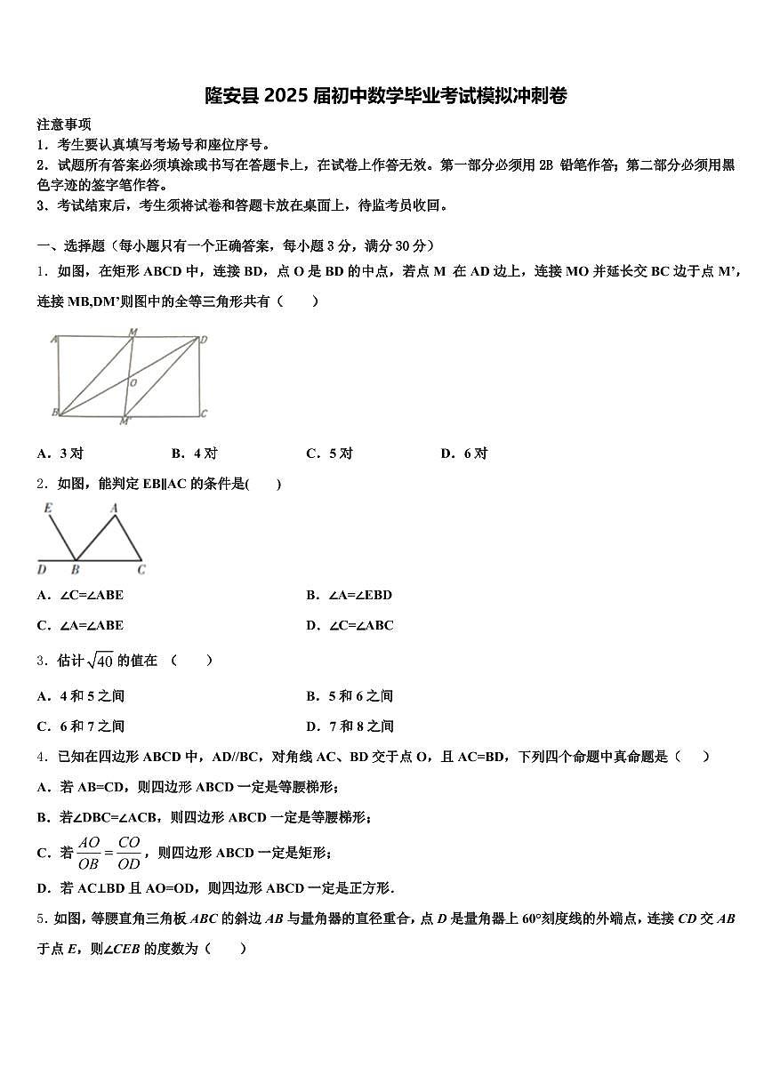 隆安县2025届初中数学毕业考试模拟冲刺卷含解析第1页