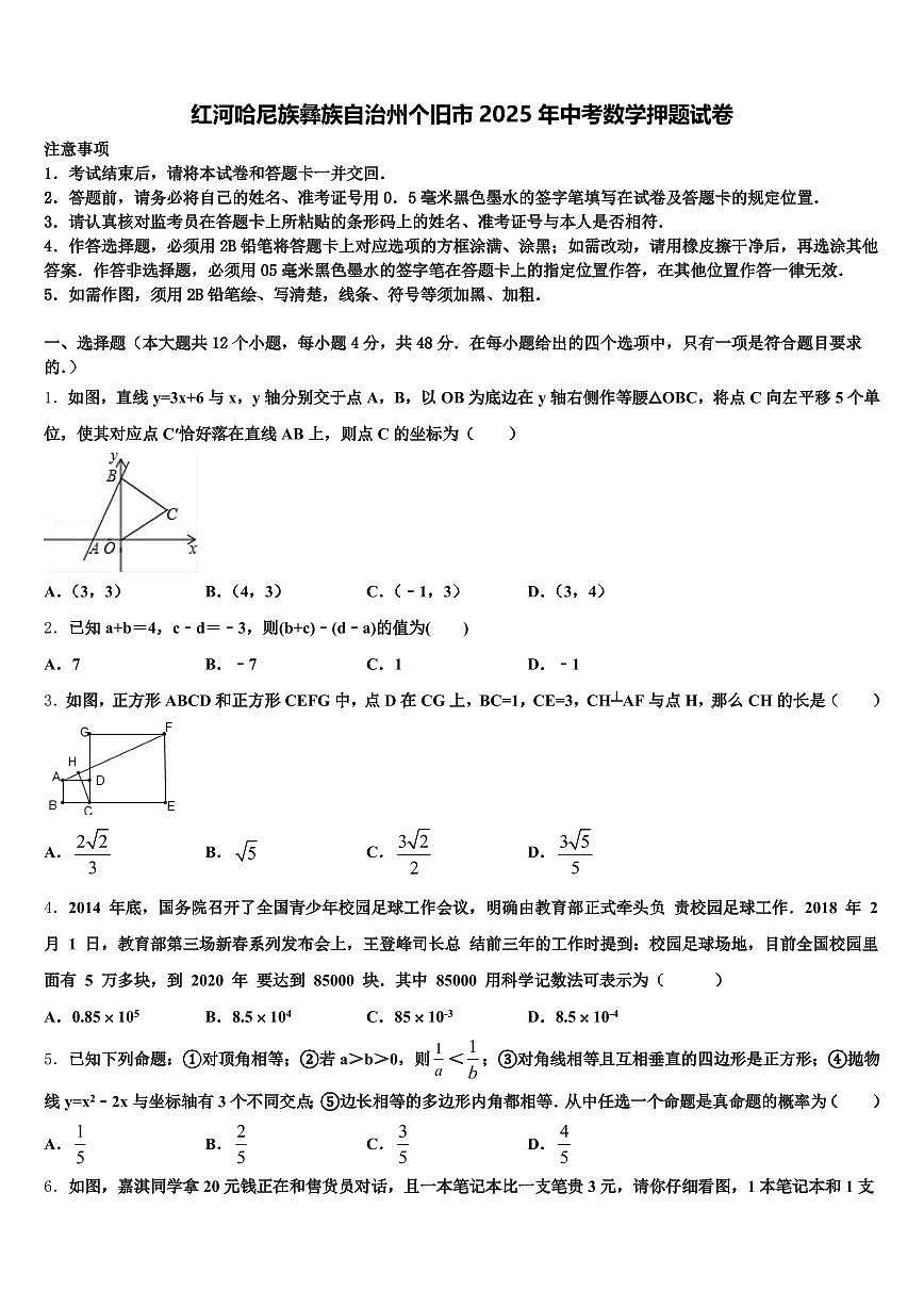 红河哈尼族彝族自治州个旧市2025年中考数学押题试卷含解析第1页
