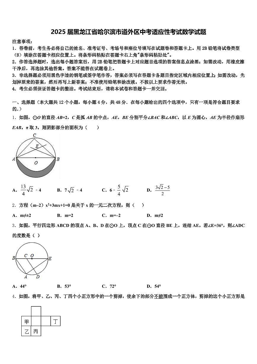 2025届黑龙江省哈尔滨市道外区中考适应性考试数学试题含解析第1页