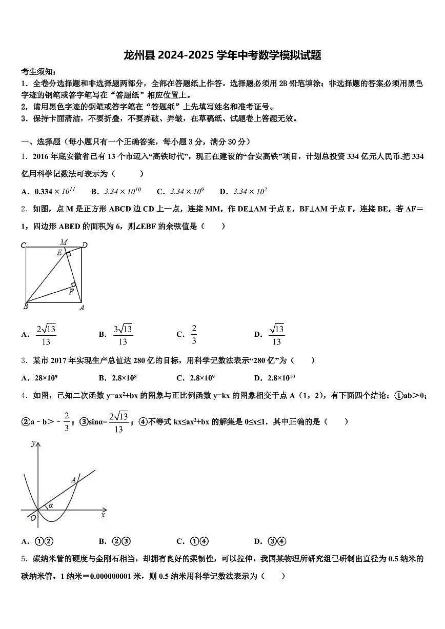 龙州县2024-2025学年中考数学模拟试题含解析第1页