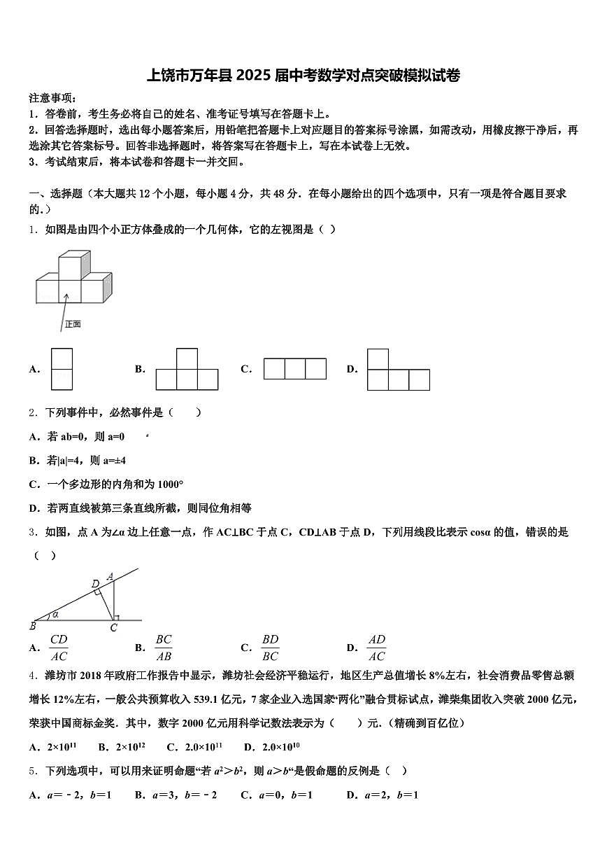 上饶市万年县2025届中考数学对点突破模拟试卷含解析第1页