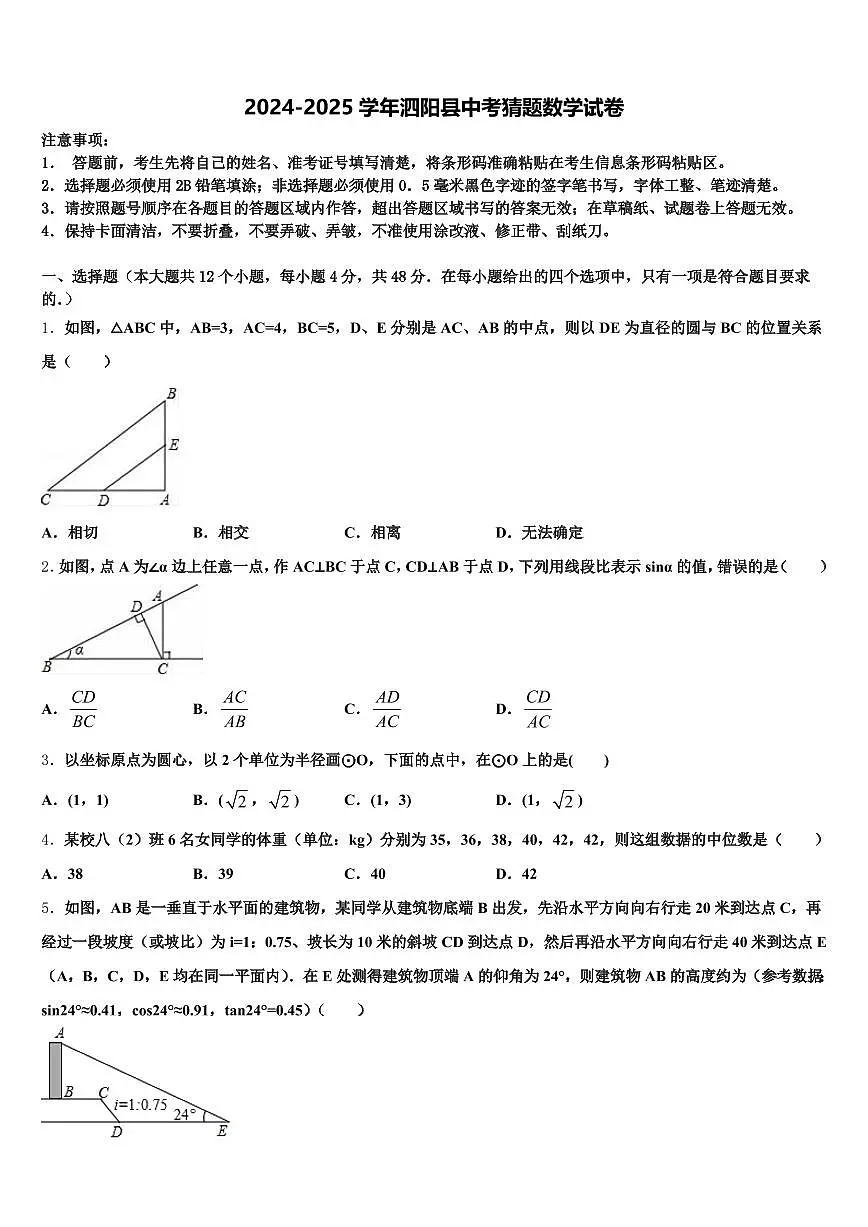 2024-2025学年泗阳县中考猜题数学试卷含解析第1页