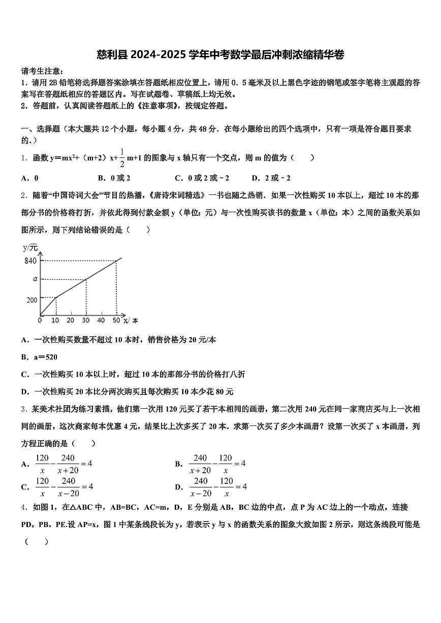 慈利县2024-2025学年中考数学最后冲刺浓缩精华卷含解析第1页