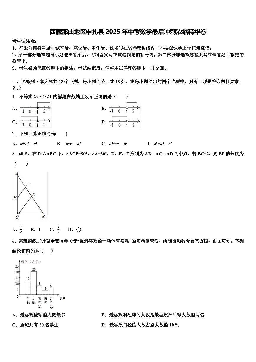 西藏那曲地区申扎县2025年中考数学最后冲刺浓缩精华卷含解析第1页