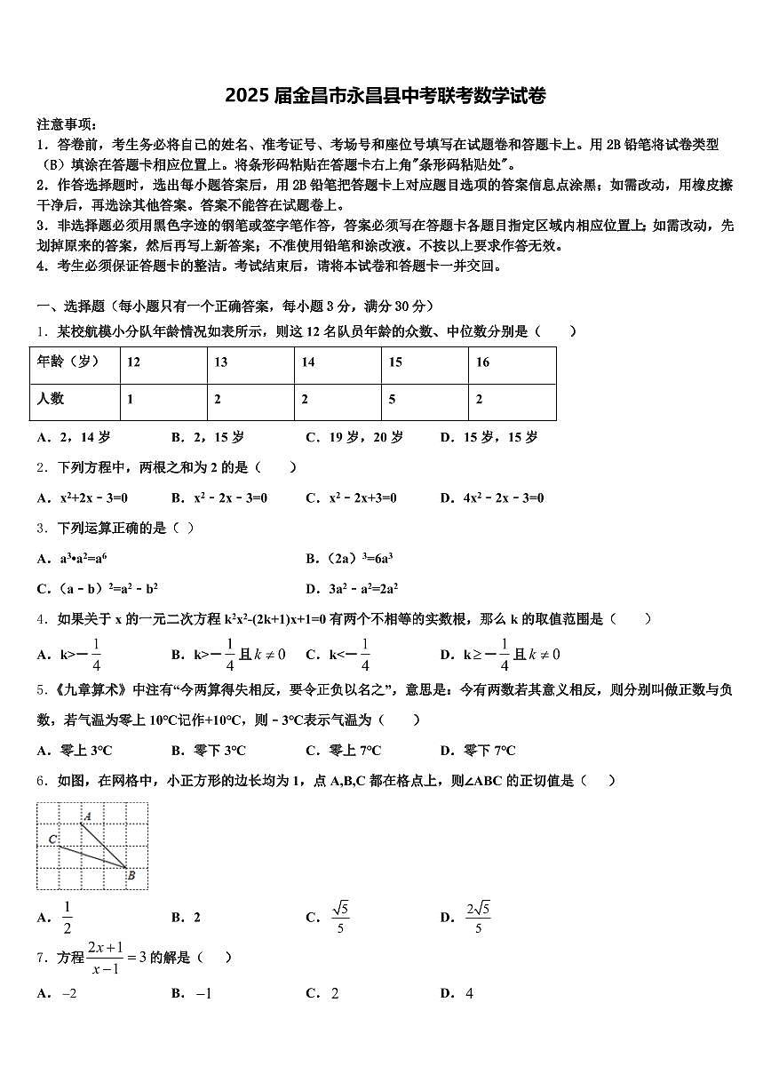 2025届金昌市永昌县中考联考数学试卷含解析第1页