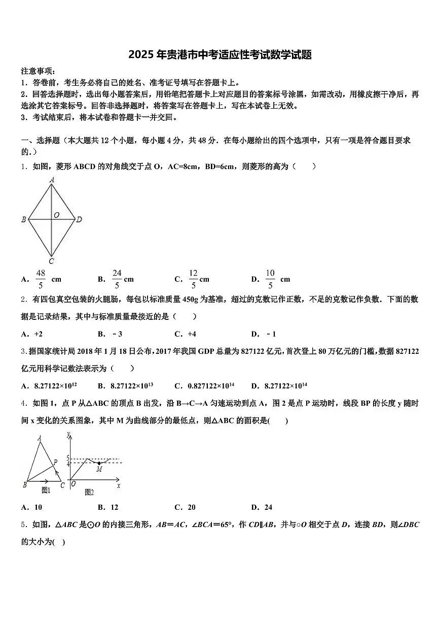 2025年贵港市中考适应性考试数学试题含解析第1页