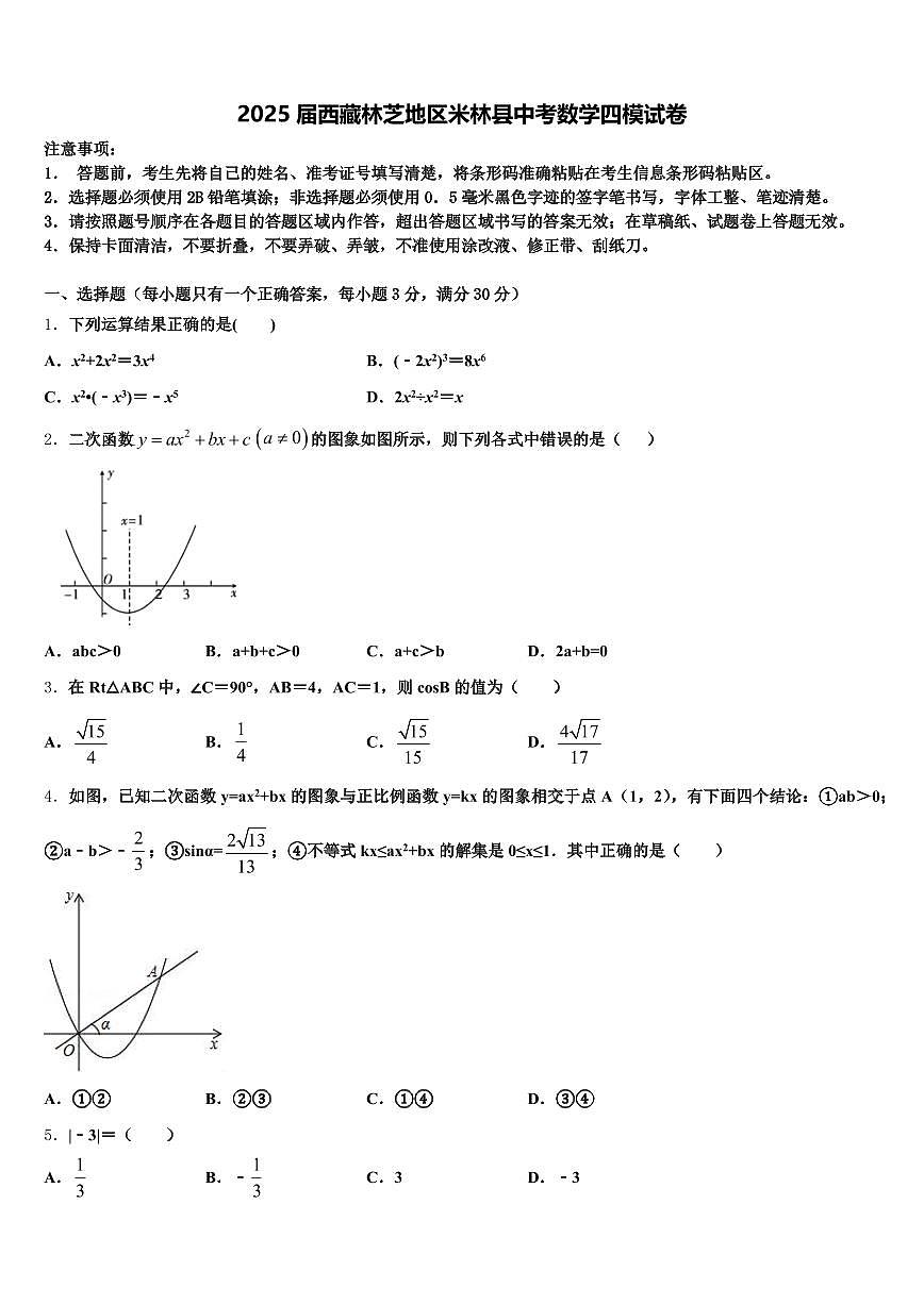 2025届西藏林芝地区米林县中考数学四模试卷含解析第1页