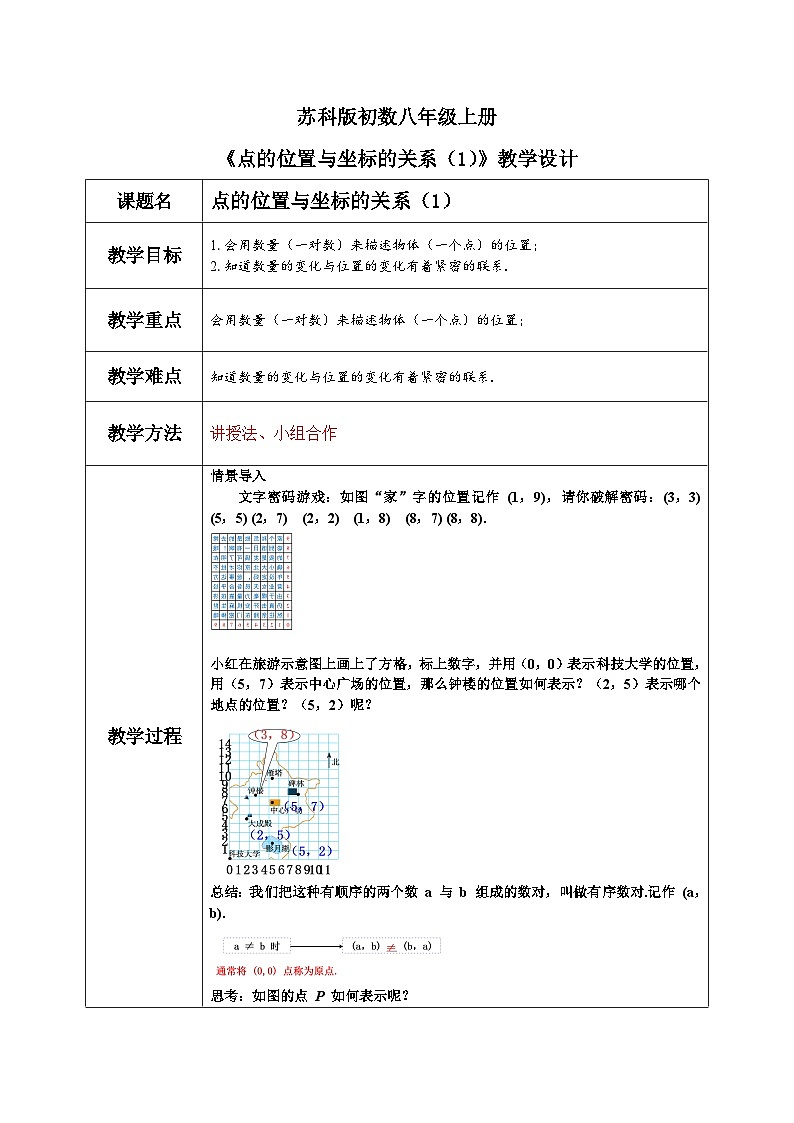 苏科版八上第四单元4.1点的位置与坐标的关系（1）教案第1页