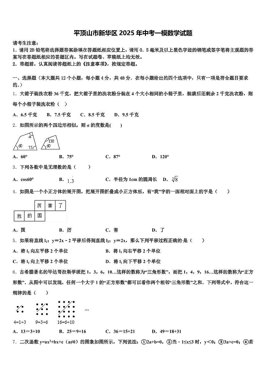 平顶山市新华区2025年中考一模数学试题含解析第1页