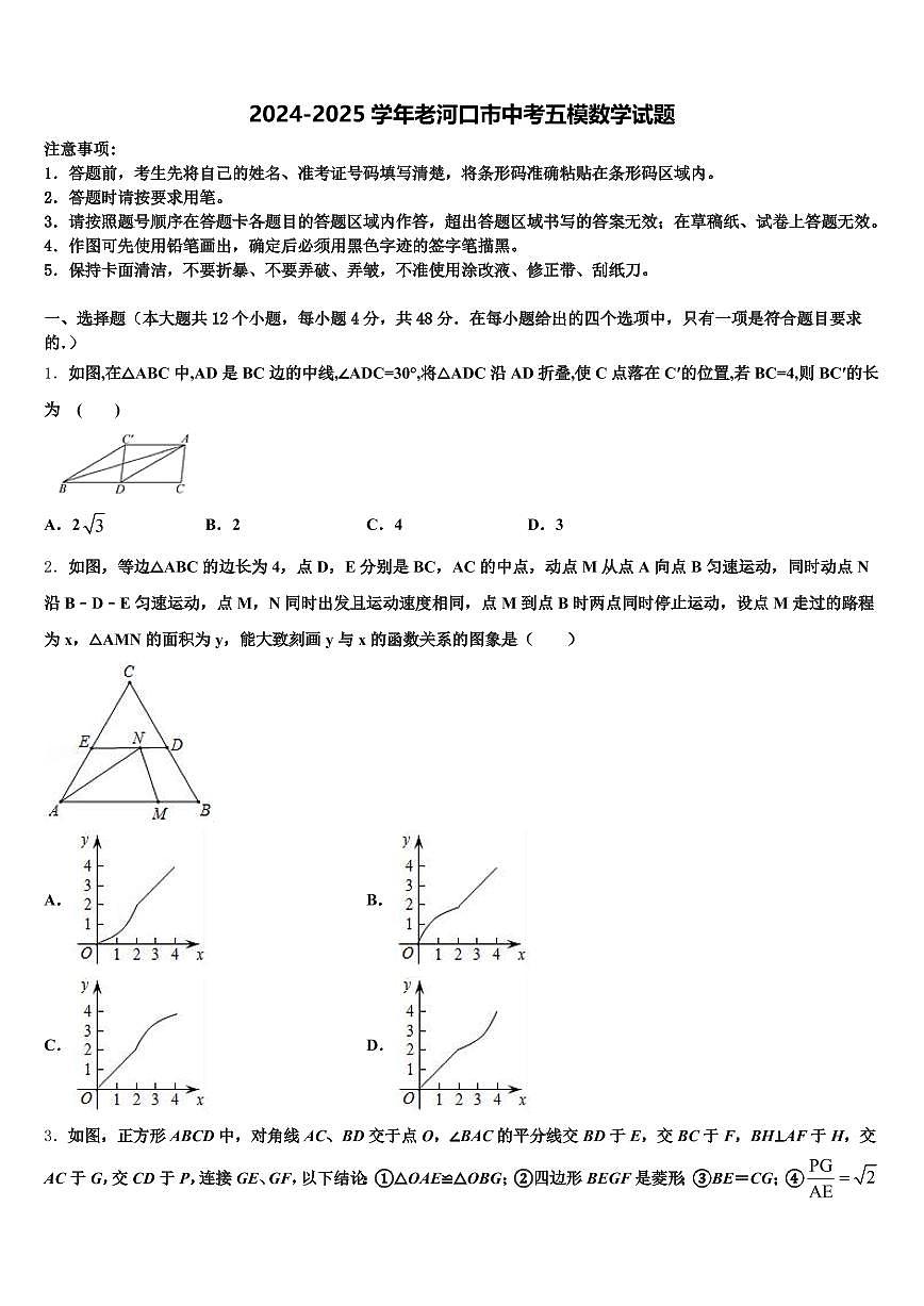 2024-2025学年老河口市中考五模数学试题含解析第1页