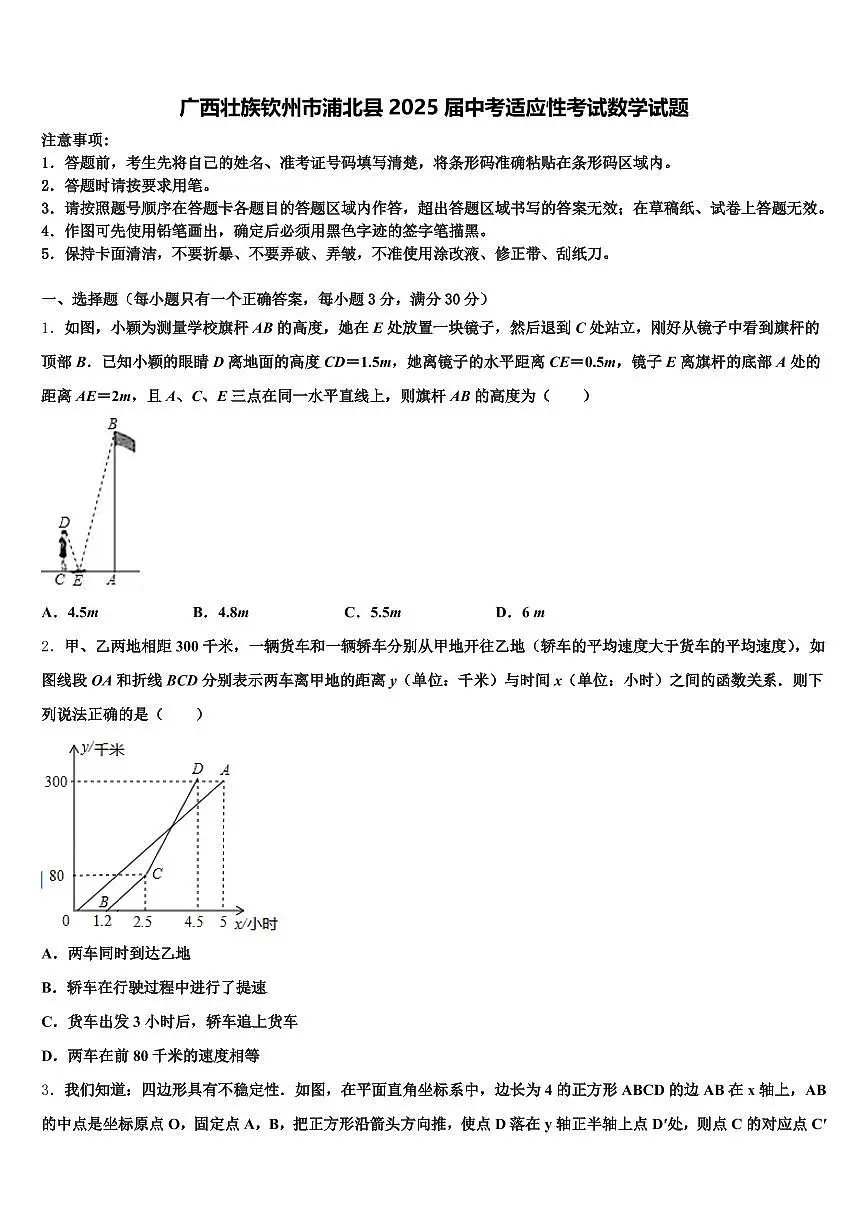 广西壮族钦州市浦北县2025届中考适应性考试数学试题含解析第1页