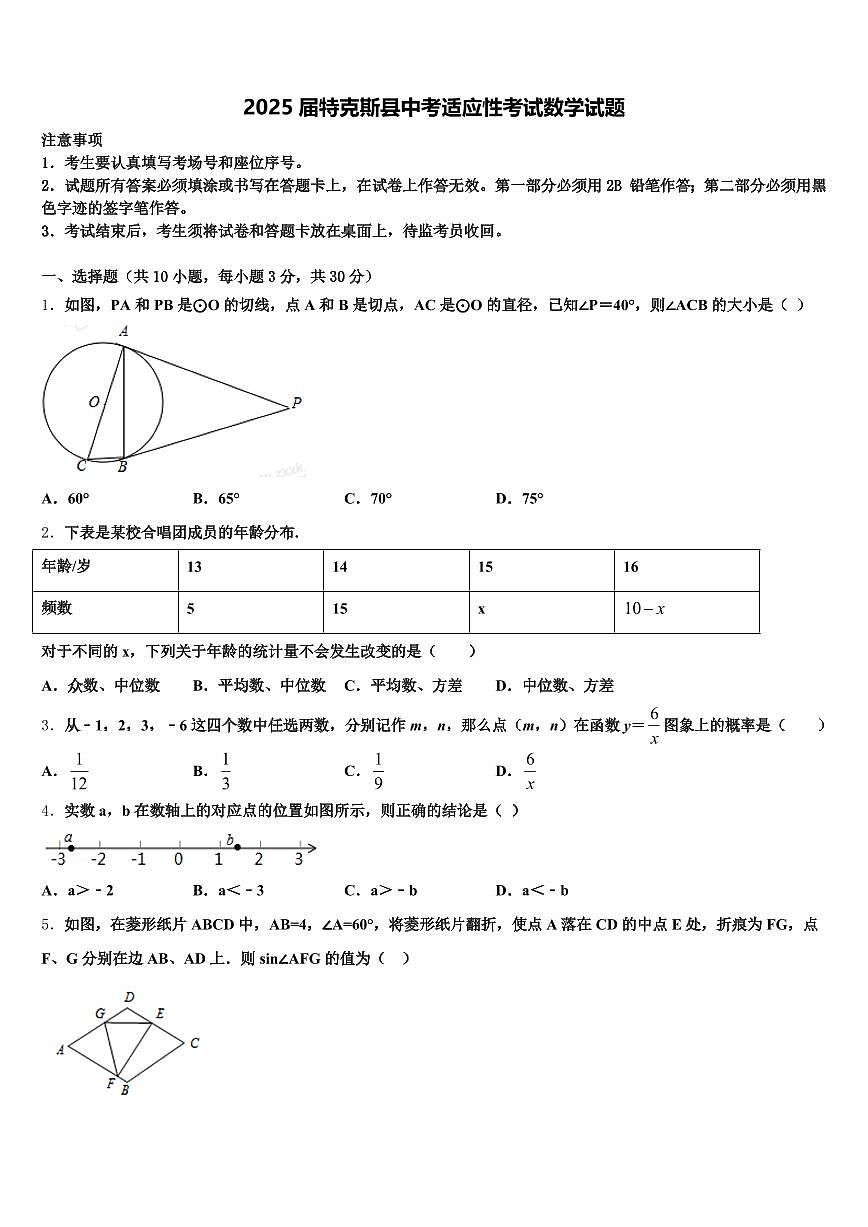 2025届特克斯县中考适应性考试数学试题含解析第1页