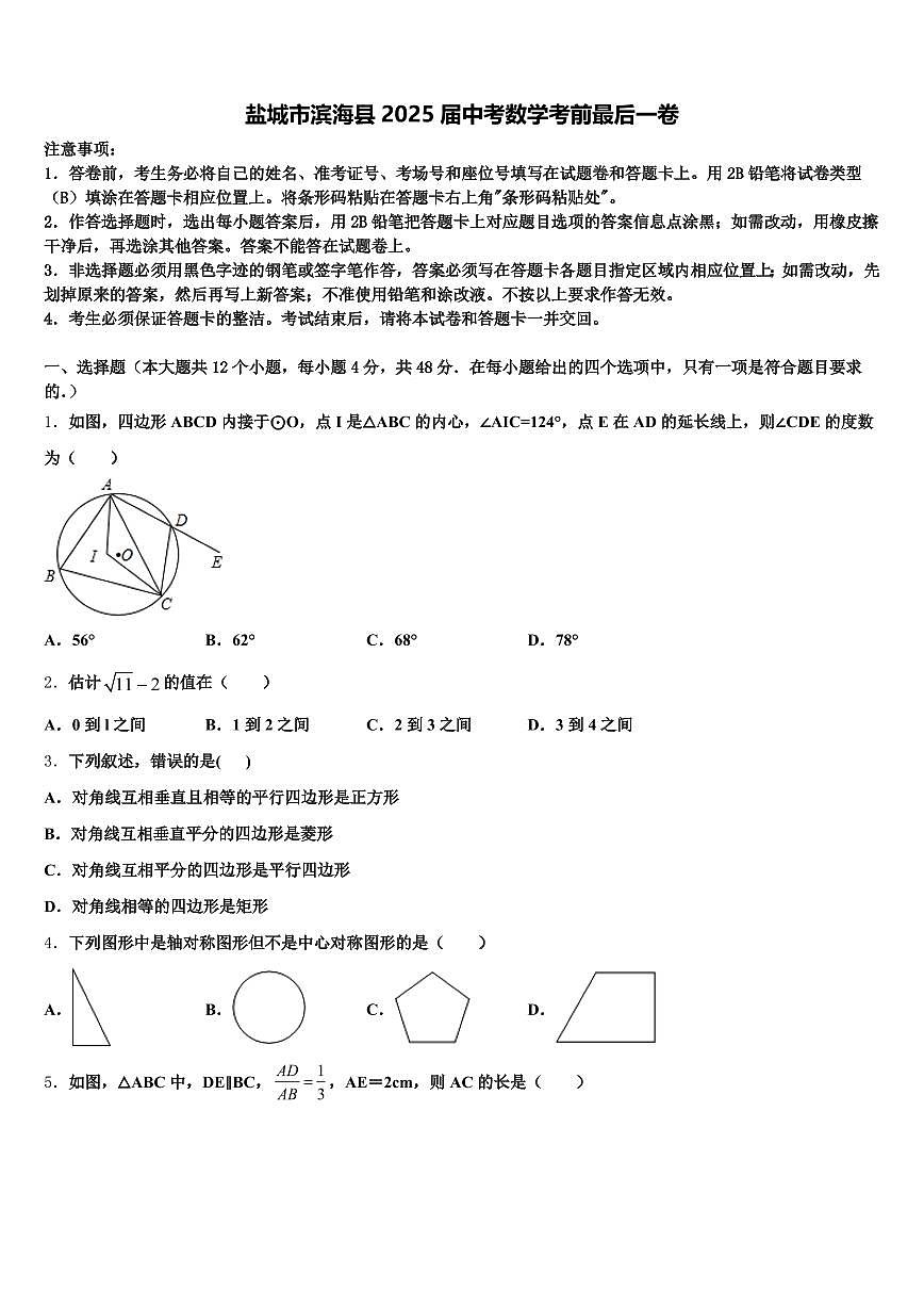 盐城市滨海县2025届中考数学考前最后一卷含解析第1页