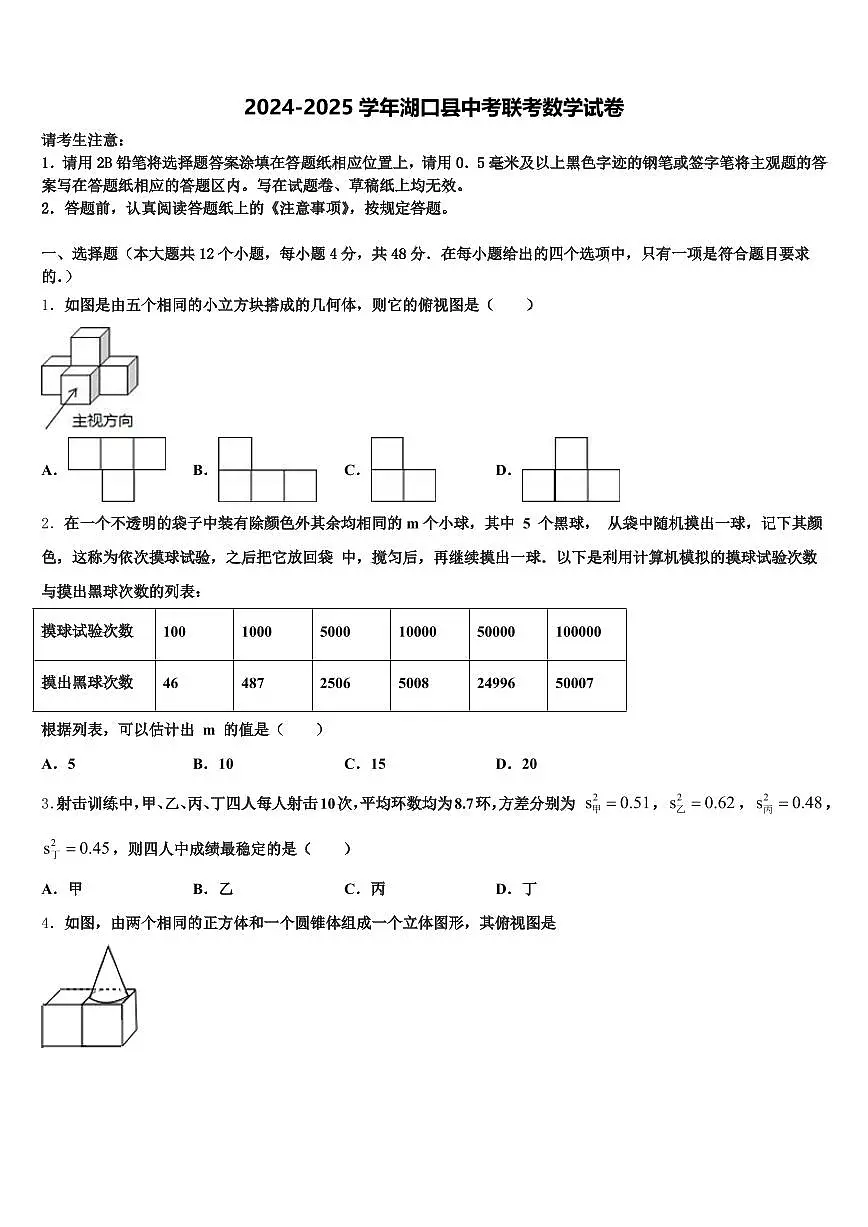 2024-2025学年湖口县中考联考数学试卷含解析第1页