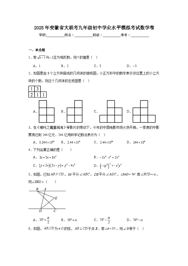 2025年安徽省大联考九年级初中学业水平模拟考试数学卷（附答案解析）第1页