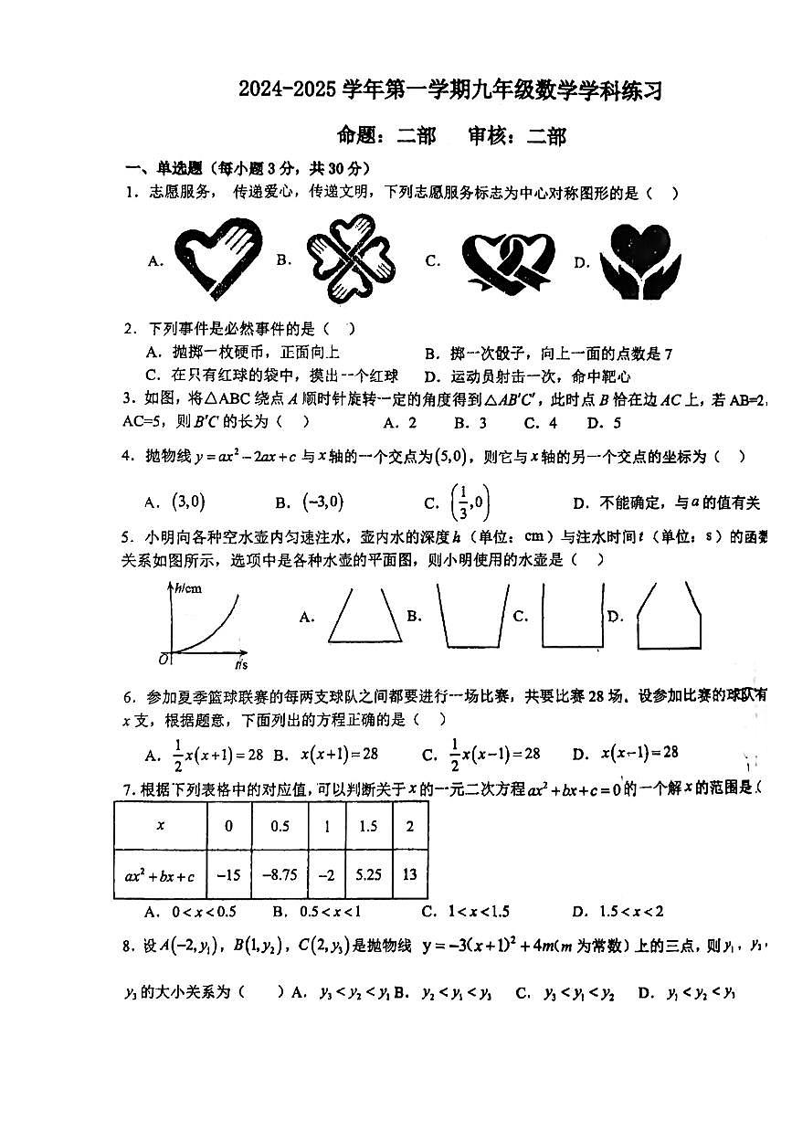 河南省洛阳市地矿双语学校2024-2025学年+上学期九年级数学月考试卷第1页