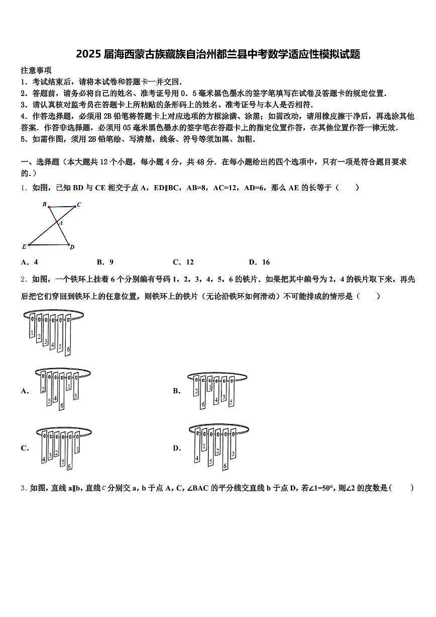 2025届海西蒙古族藏族自治州都兰县中考数学适应性模拟试题含解析第1页
