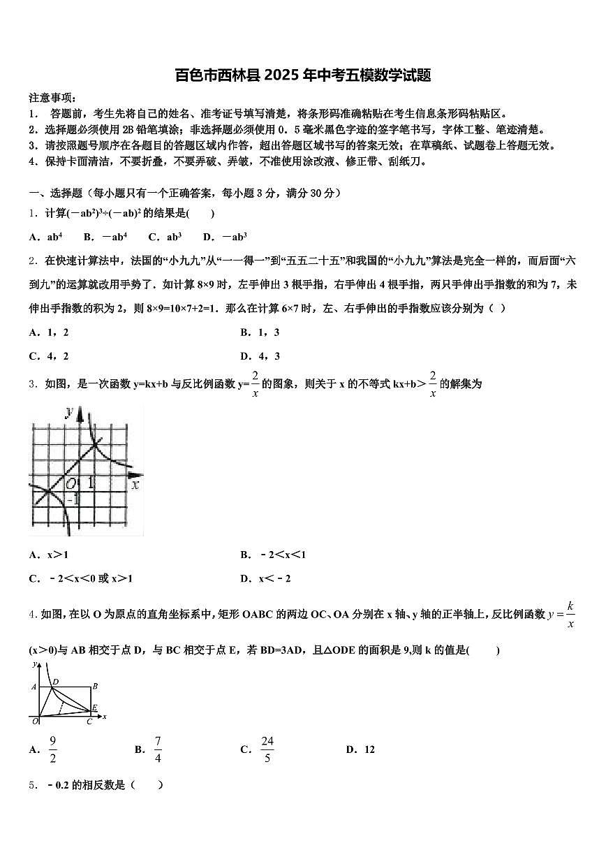 百色市西林县2025年中考五模数学试题含解析第1页