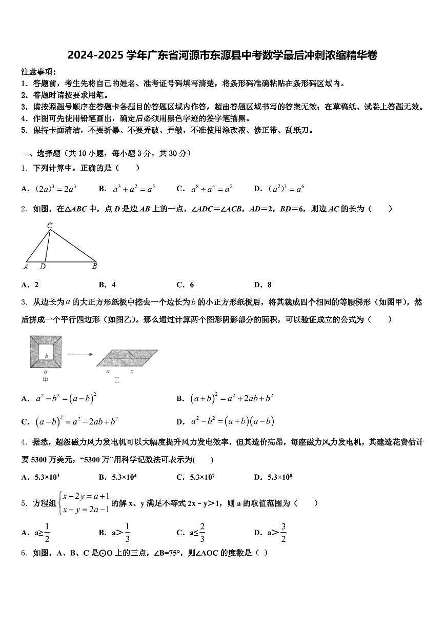 2024-2025学年广东省河源市东源县中考数学最后冲刺浓缩精华卷含解析第1页