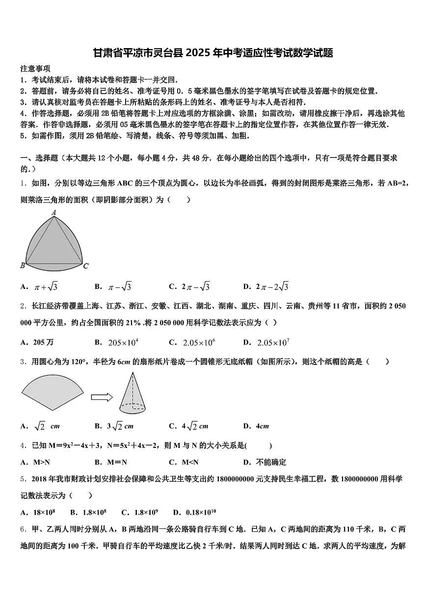 甘肃省平凉市灵台县2025年中考适应性考试数学试题含解析第1页