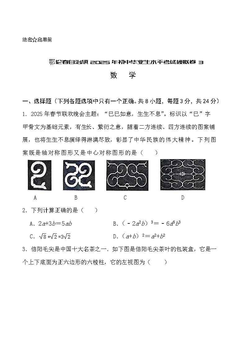 内蒙古呼伦贝尔市鄂伦春自治旗2025届九年级下学期中考三模数学试卷(含答案)第1页