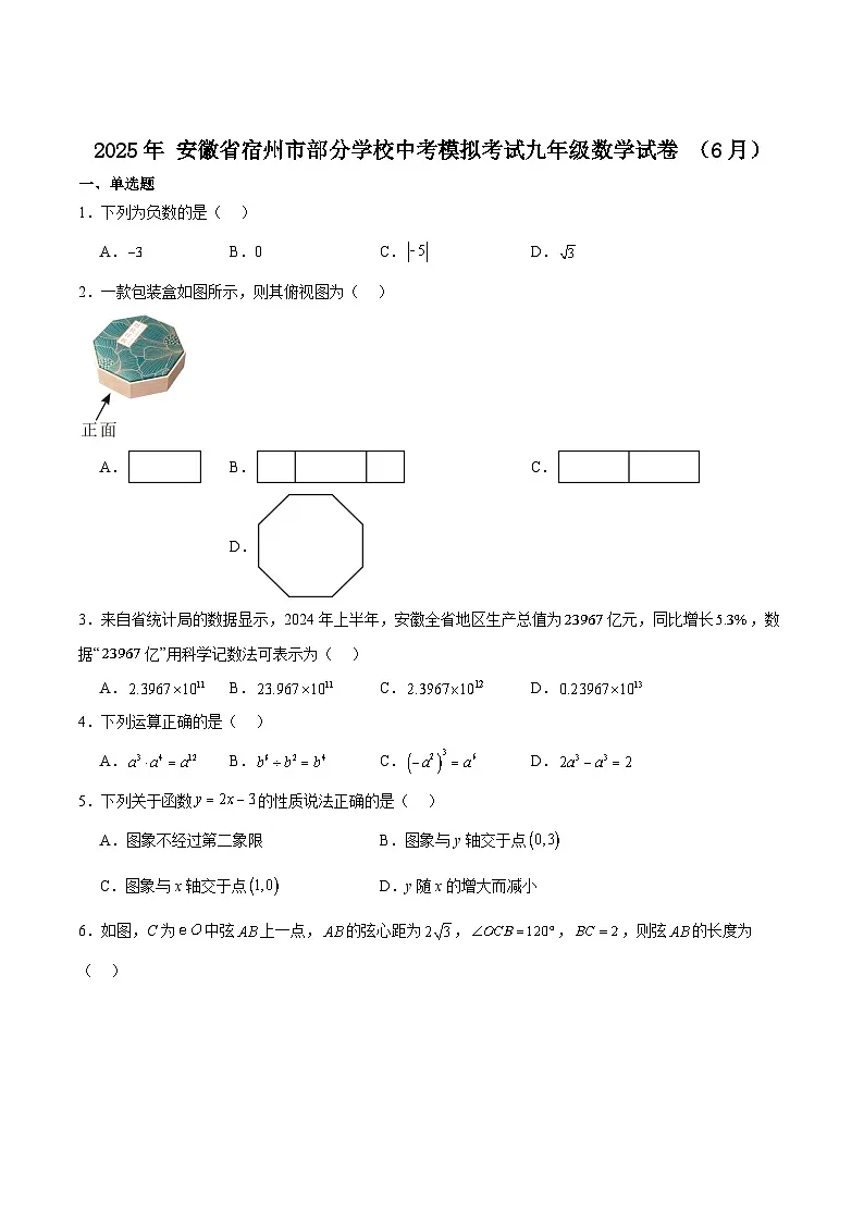 安徽省宿州市部分学校2025届九年级下学期6月中考模拟考试数学试卷(含解析)第1页