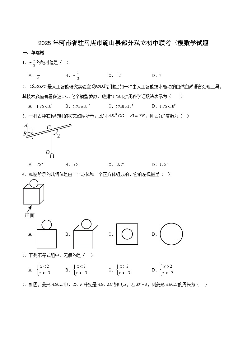河南省驻马店市确山县部分私立初中联考2025届九年级下学期中考三模数学试卷(含解析)第1页
