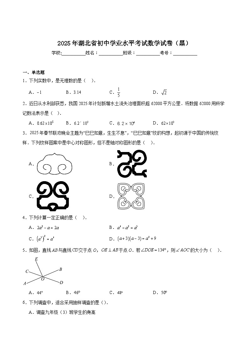 湖北省2025届初中学业水平考试数学试卷（黑）(含解析)第1页