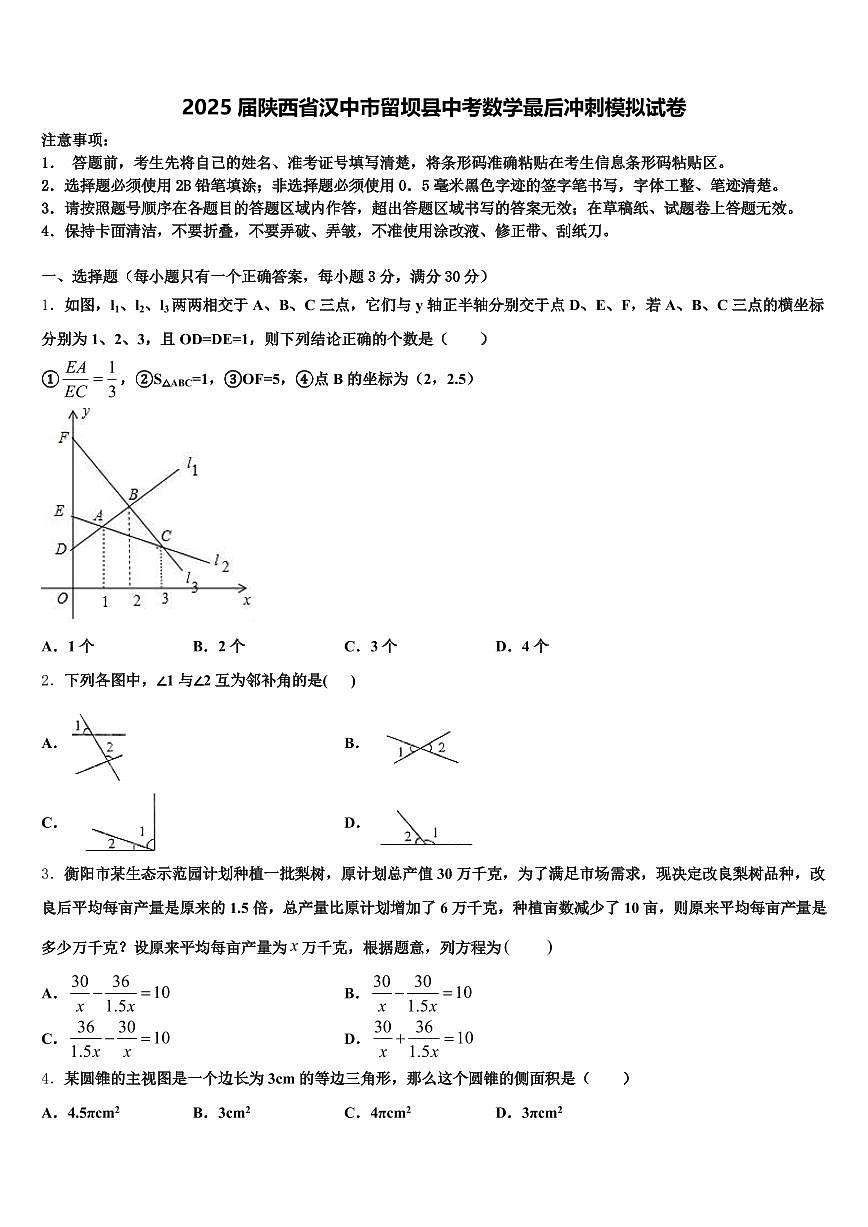 2025届陕西省汉中市留坝县中考数学最后冲刺模拟试卷含解析第1页