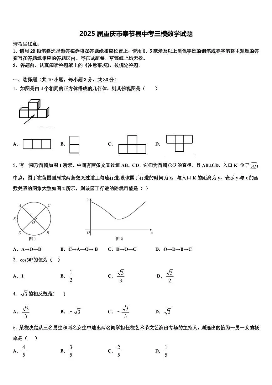 2025届重庆市奉节县中考三模数学试题含解析第1页