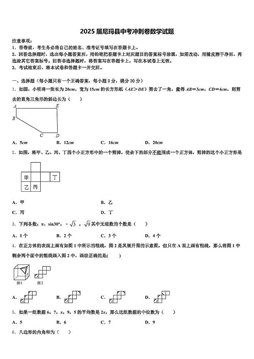 2025届尼玛县中考冲刺卷数学试题含解析第1页