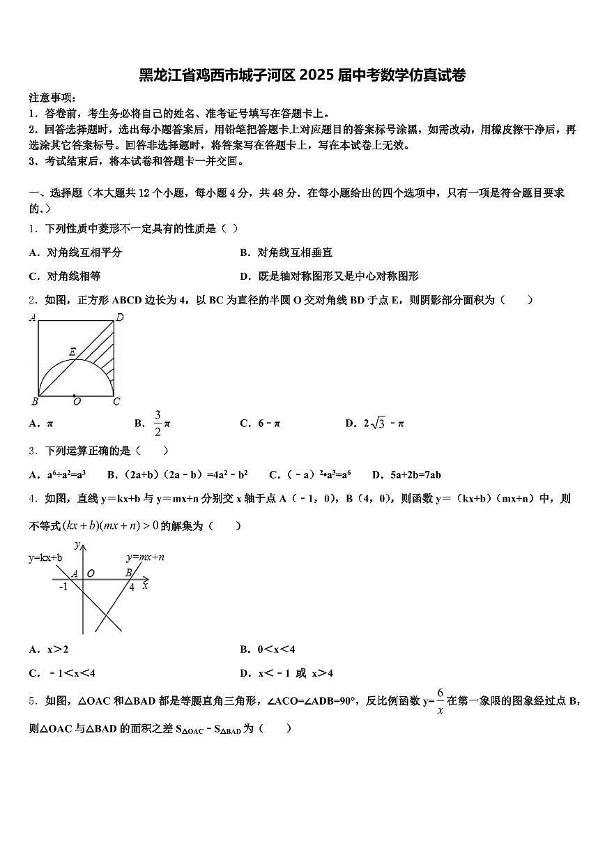 黑龙江省鸡西市城子河区2025届中考数学仿真试卷含解析第1页