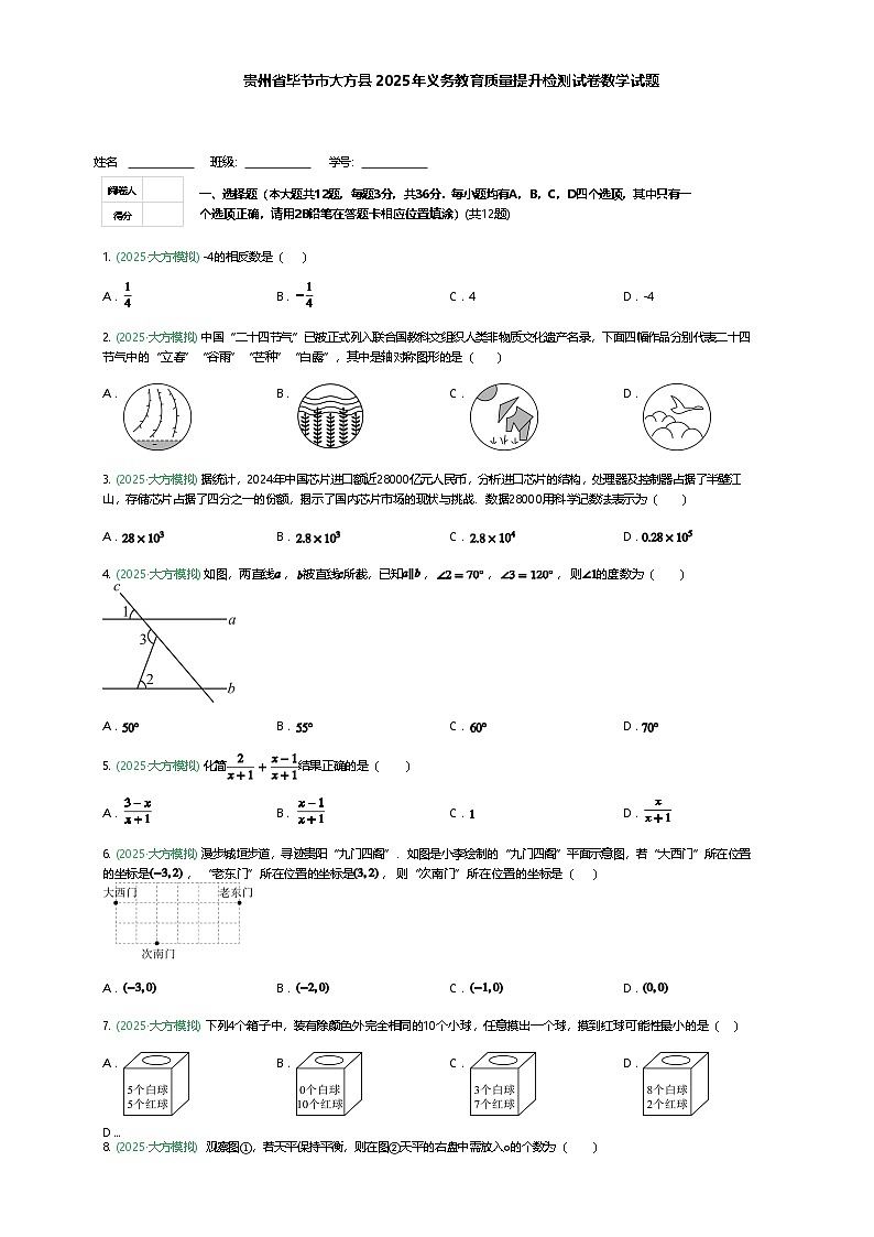 贵州省毕节市大方县2025年九年级下义务教育质量提升检测试卷数学试题（含答案解析）第1页