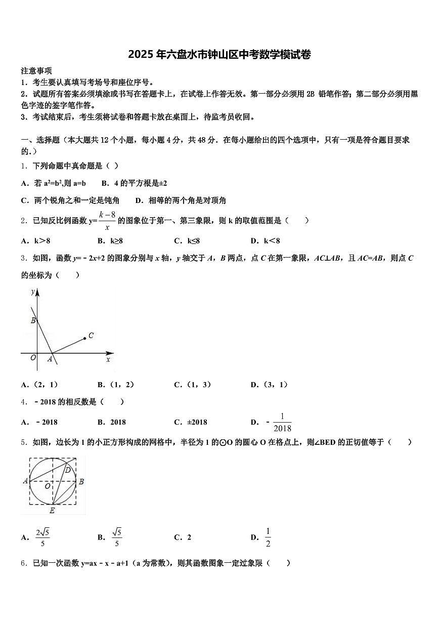 2025年六盘水市钟山区中考数学模试卷含解析第1页