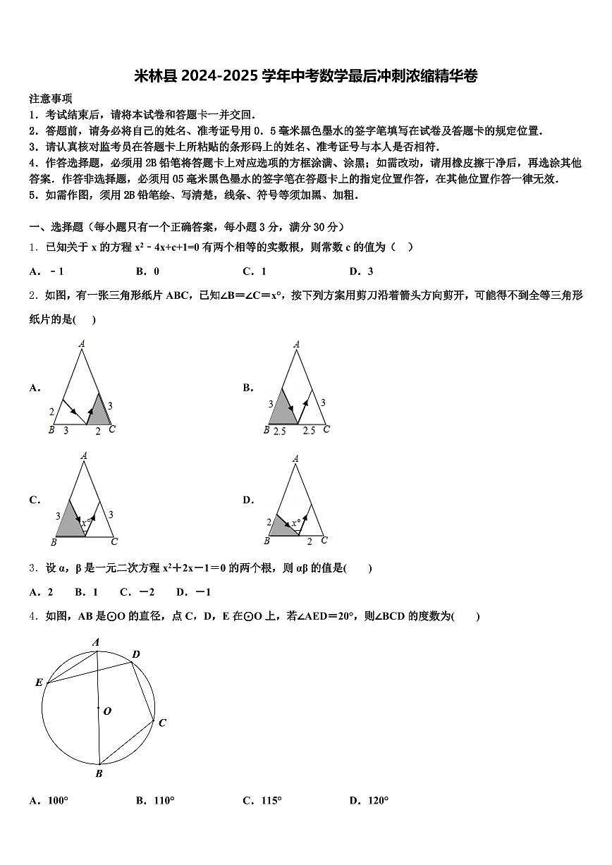 米林县2024-2025学年中考数学最后冲刺浓缩精华卷含解析第1页