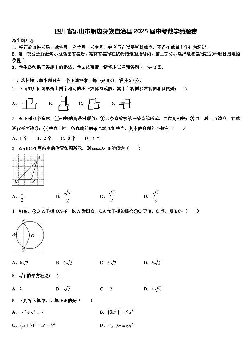 四川省乐山市峨边彝族自治县2025届中考数学猜题卷含解析第1页
