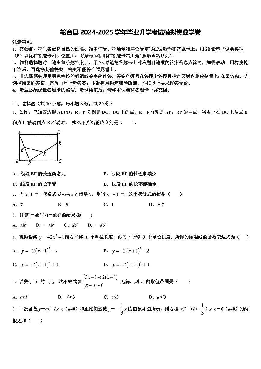 轮台县2024-2025学年毕业升学考试模拟卷数学卷含解析第1页
