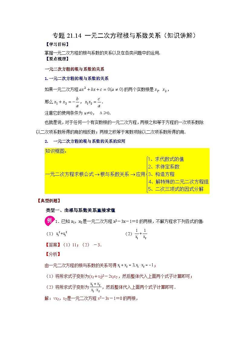 2026中考人教九年级数学上册基础讲练-专题21.14 一元二次方程根与系数关系（知识讲解）（附名师详解）第1页