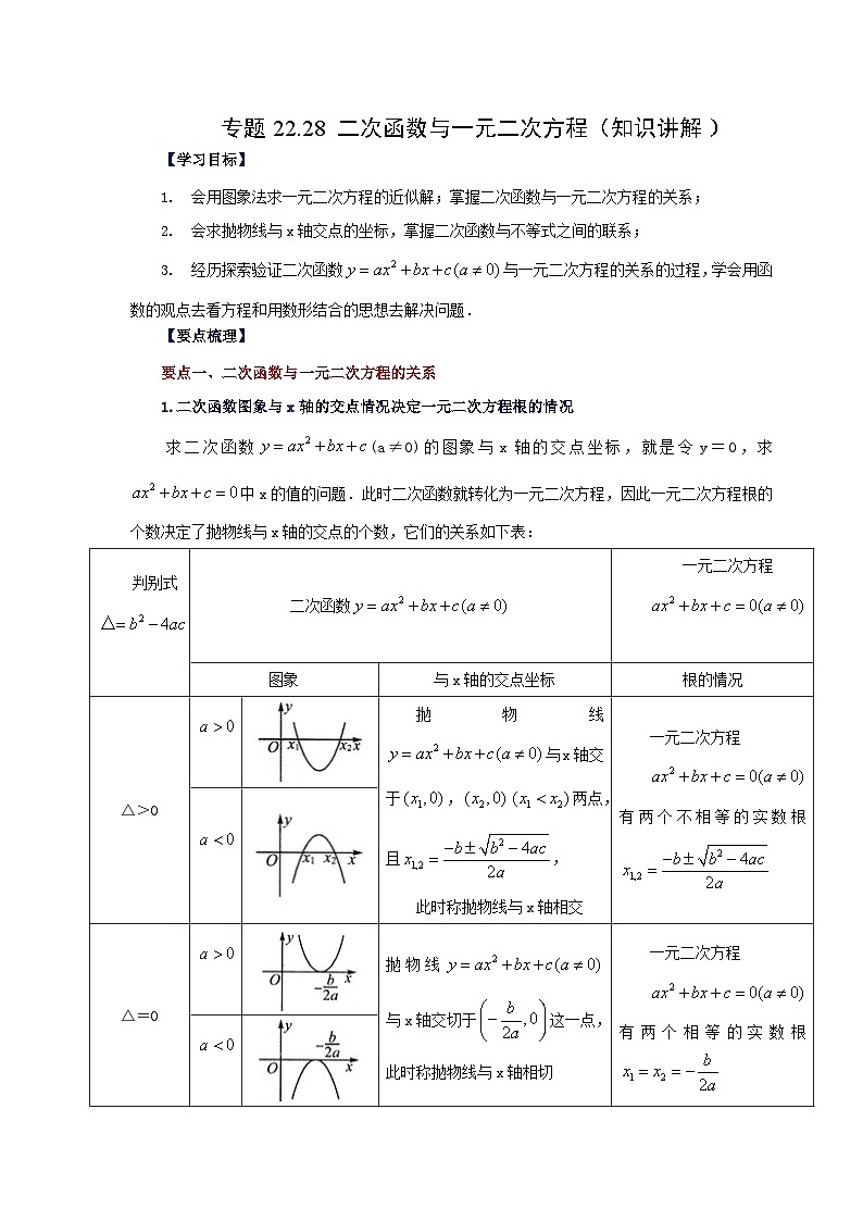 2026中考人教九年级数学上册基础讲练-专题22.28 二次函数与一元二次方程（知识讲解）（附名师详解）第1页