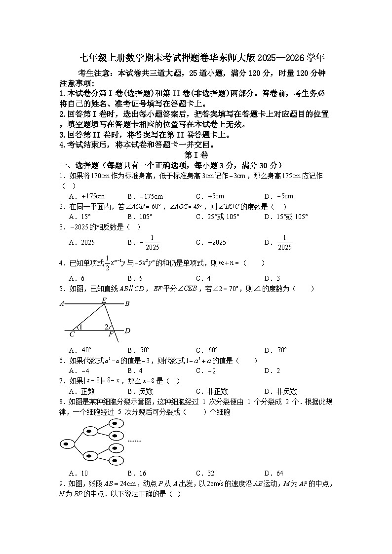 七年级上册数学期末考试押题卷华东师大版2025—2026学年第1页