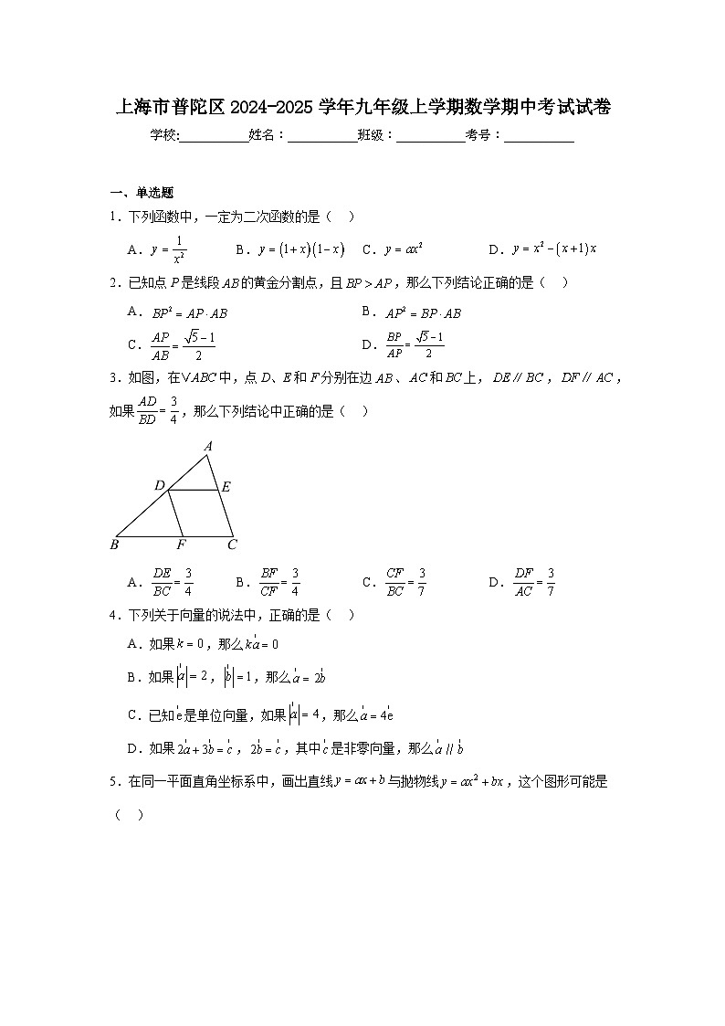 上海市普陀区2024-2025学年九年级上学期数学期中考试试卷第1页