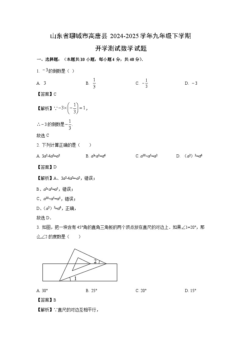 山东省聊城市高唐县2024-2025学年九年级下学期开学测试数学试题（解析版）第1页