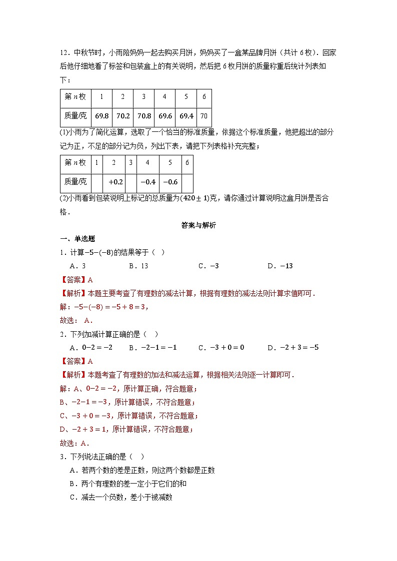 （2025-2026学年）人教版数学七年级上册1.2 有理数的减法（第一课时）-同步练习（附解析）第2页