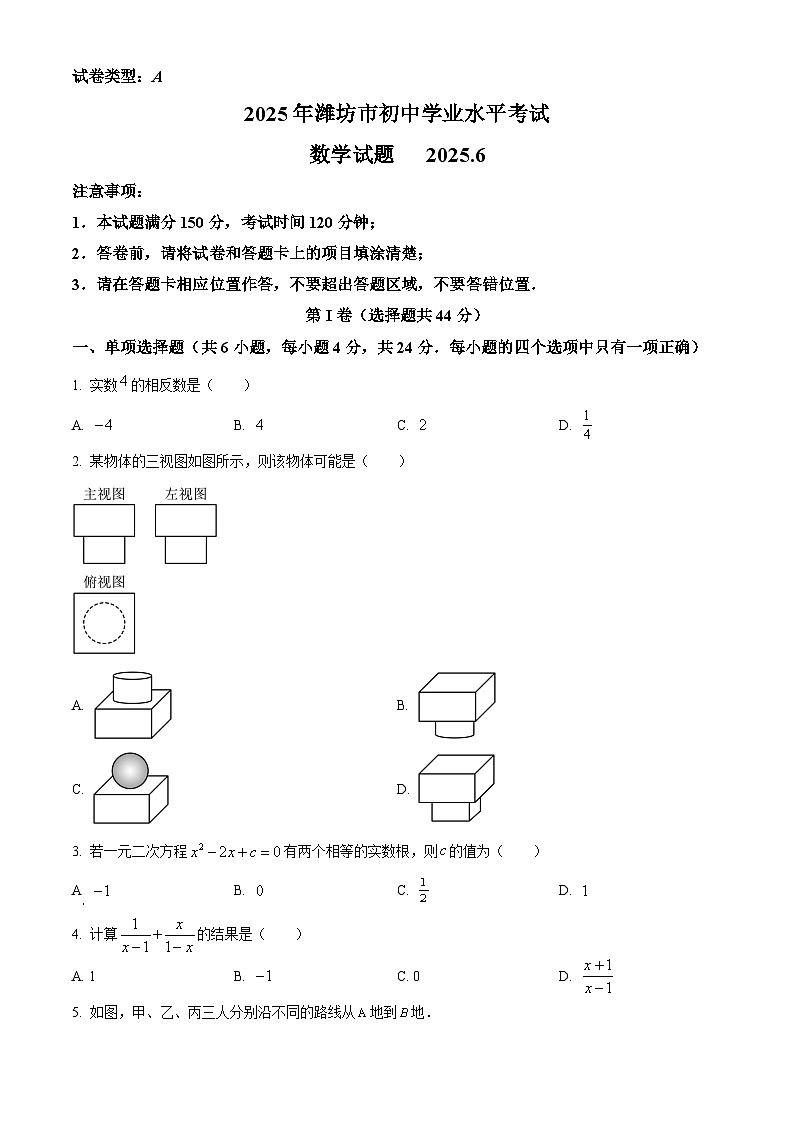2025年山东省潍坊市中考数学真题含答案第1页