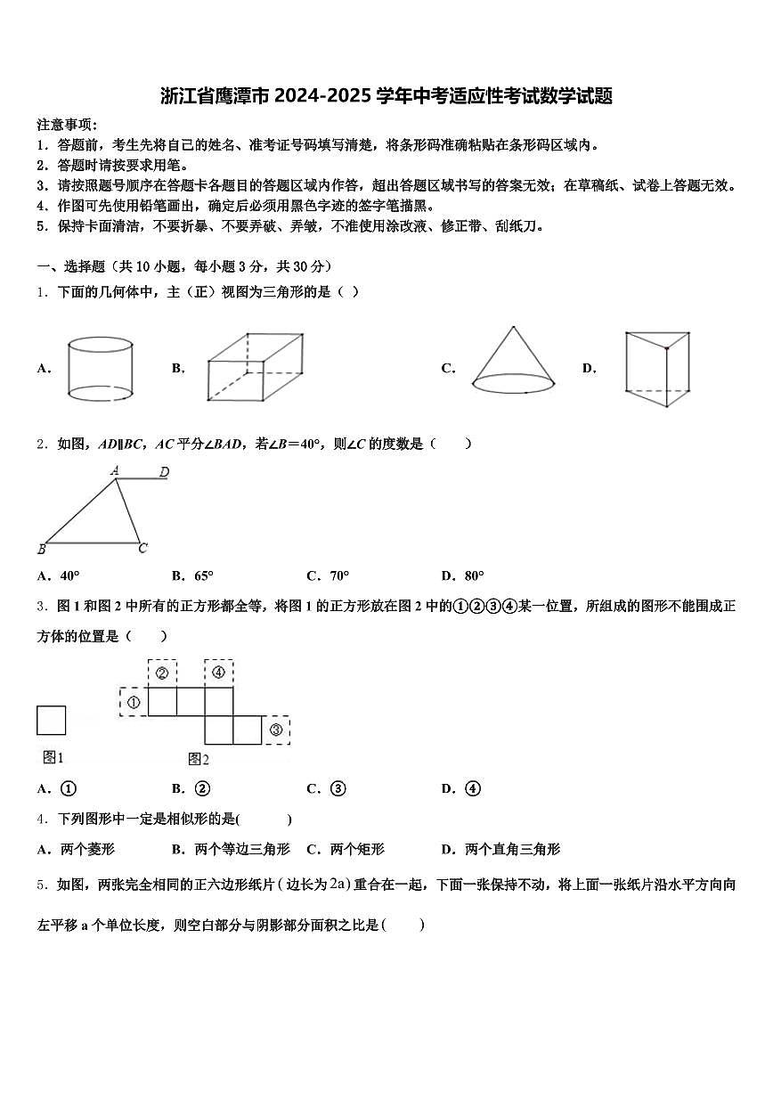 浙江省鹰潭市2024-2025学年中考适应性考试数学试题含解析第1页