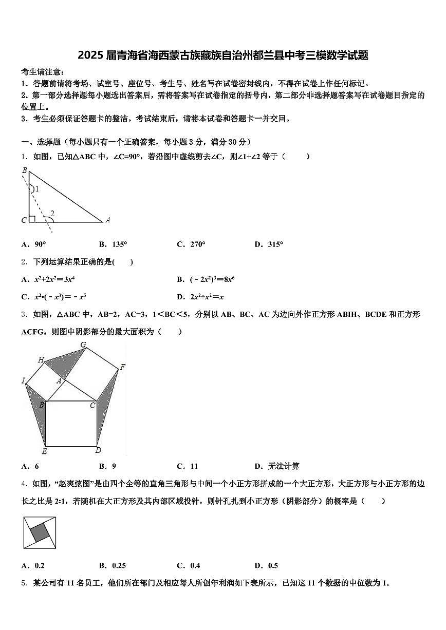 2025届青海省海西蒙古族藏族自治州都兰县中考三模数学试题含解析第1页